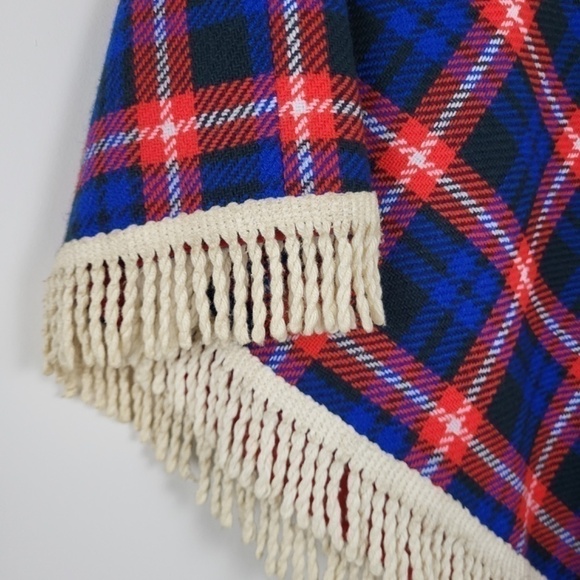 Vintage plaid poncho jacket cape fringe tassels lined warm winter zip-up - Picture 10 of 12